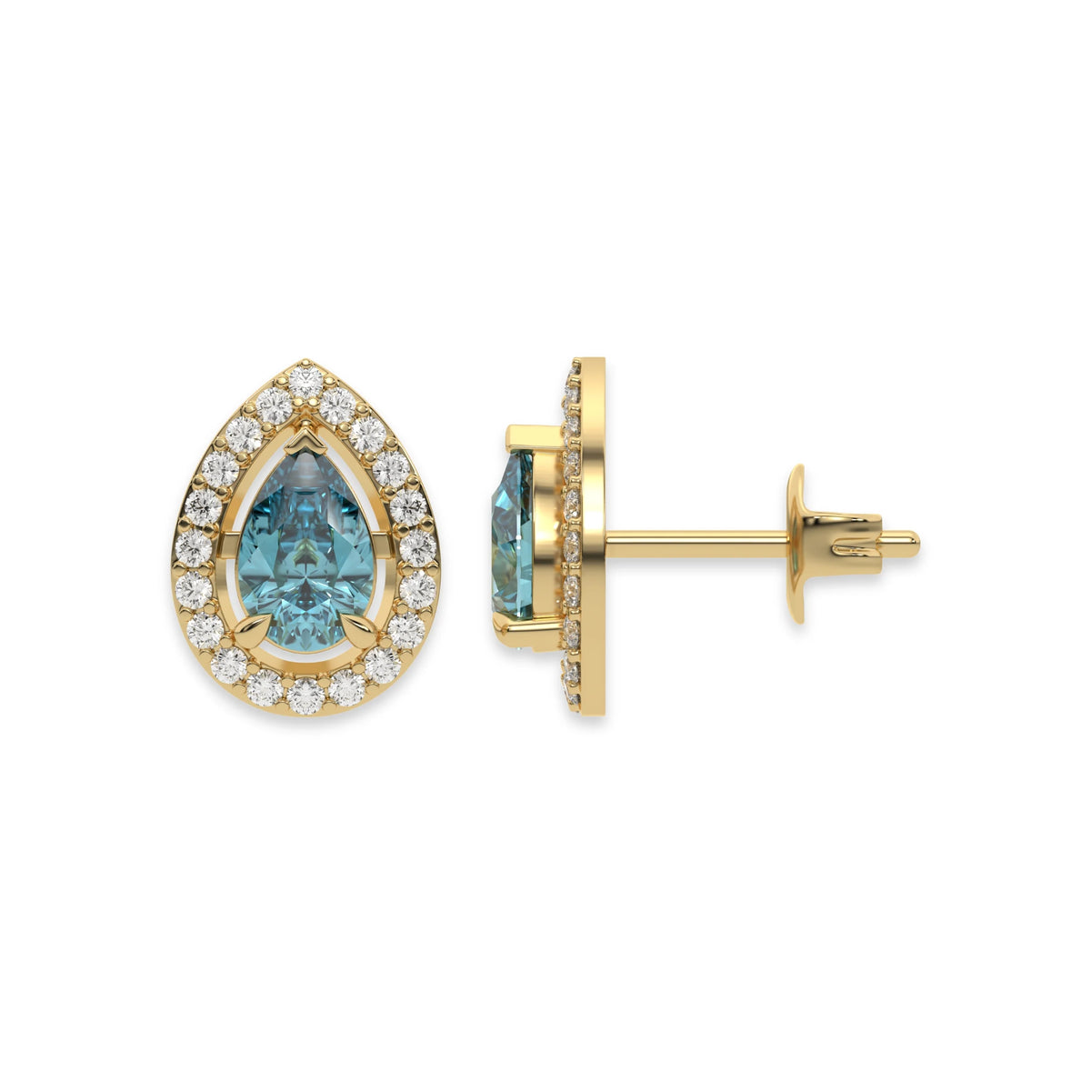 This yellow gold Classic Pear Diamond Halo Earrings made with a fancy Blue pear cut solitaire diamonds set in a four prong setting in top view and side view