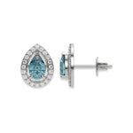 This white gold Classic Pear Diamond Halo Earrings made with a fancy Blue pear cut solitaire diamonds set in a four prong setting in top view and side view