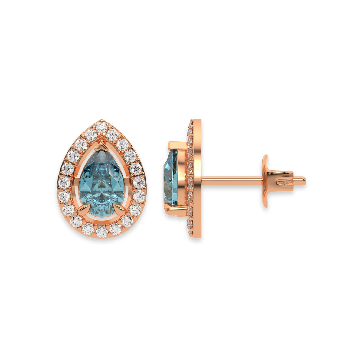 This rose gold Classic Pear Diamond Halo Earrings made with a fancy Blue pear cut solitaire diamonds set in a four prong setting in top view and side view