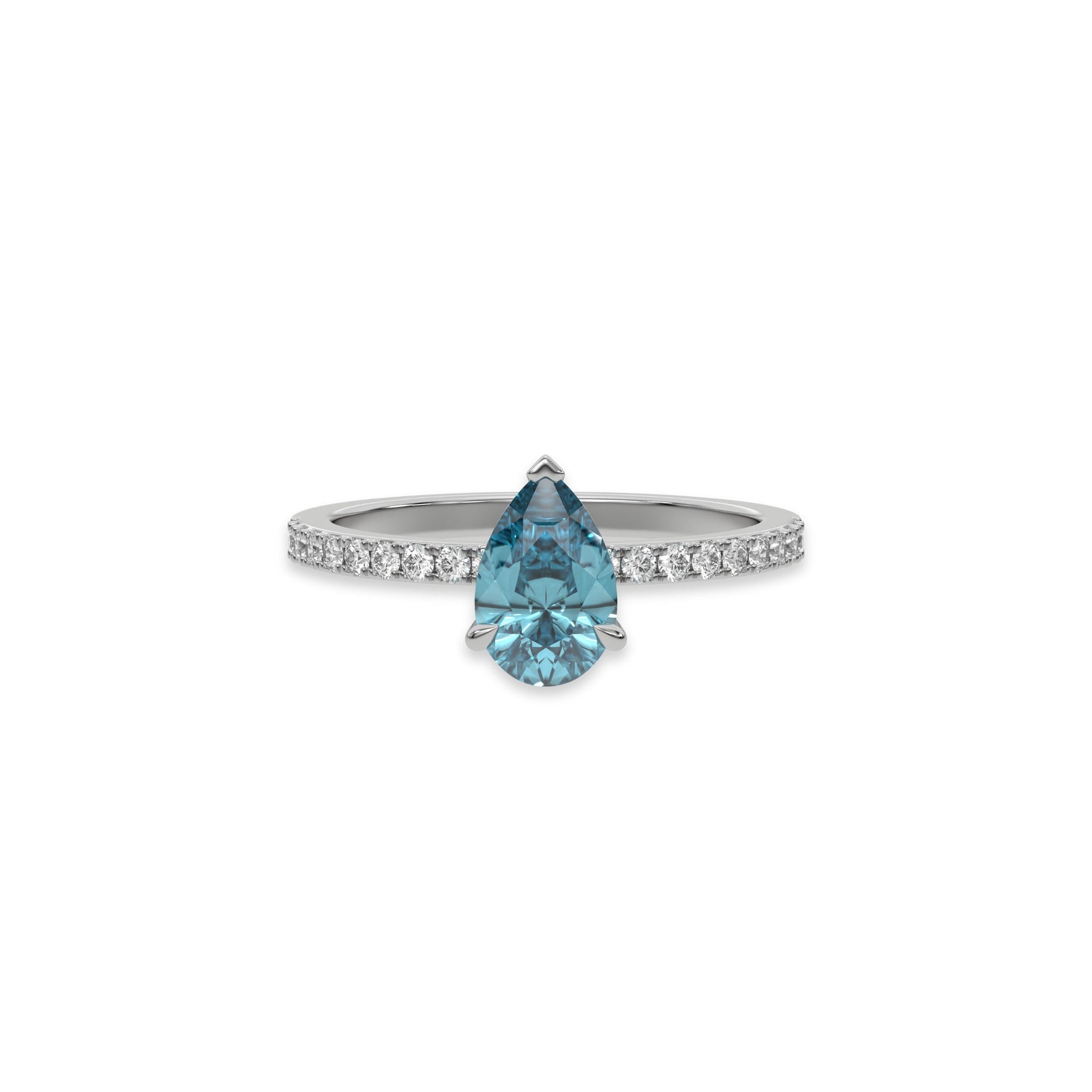 This white gold ring displayed in front view is made with a Pear solitaire diamond set in four-prong setting