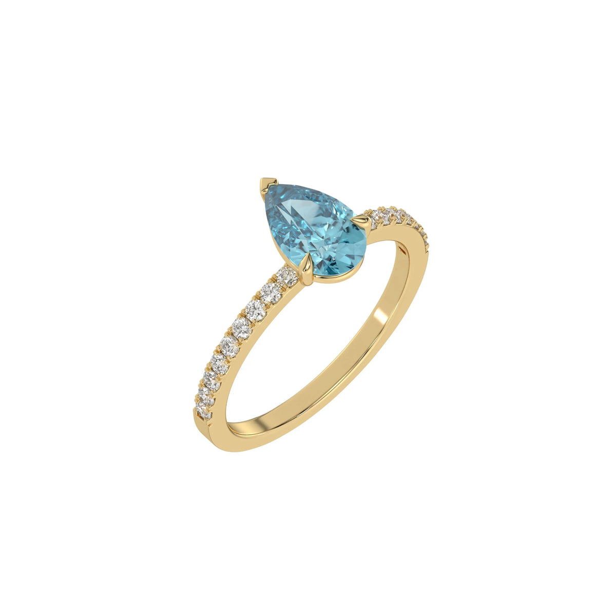 This yellow gold ring is made with a fancy Blue pear solitaire diamond set in three-prong setting, and is complemented by a round pave diamonds band in 3D view