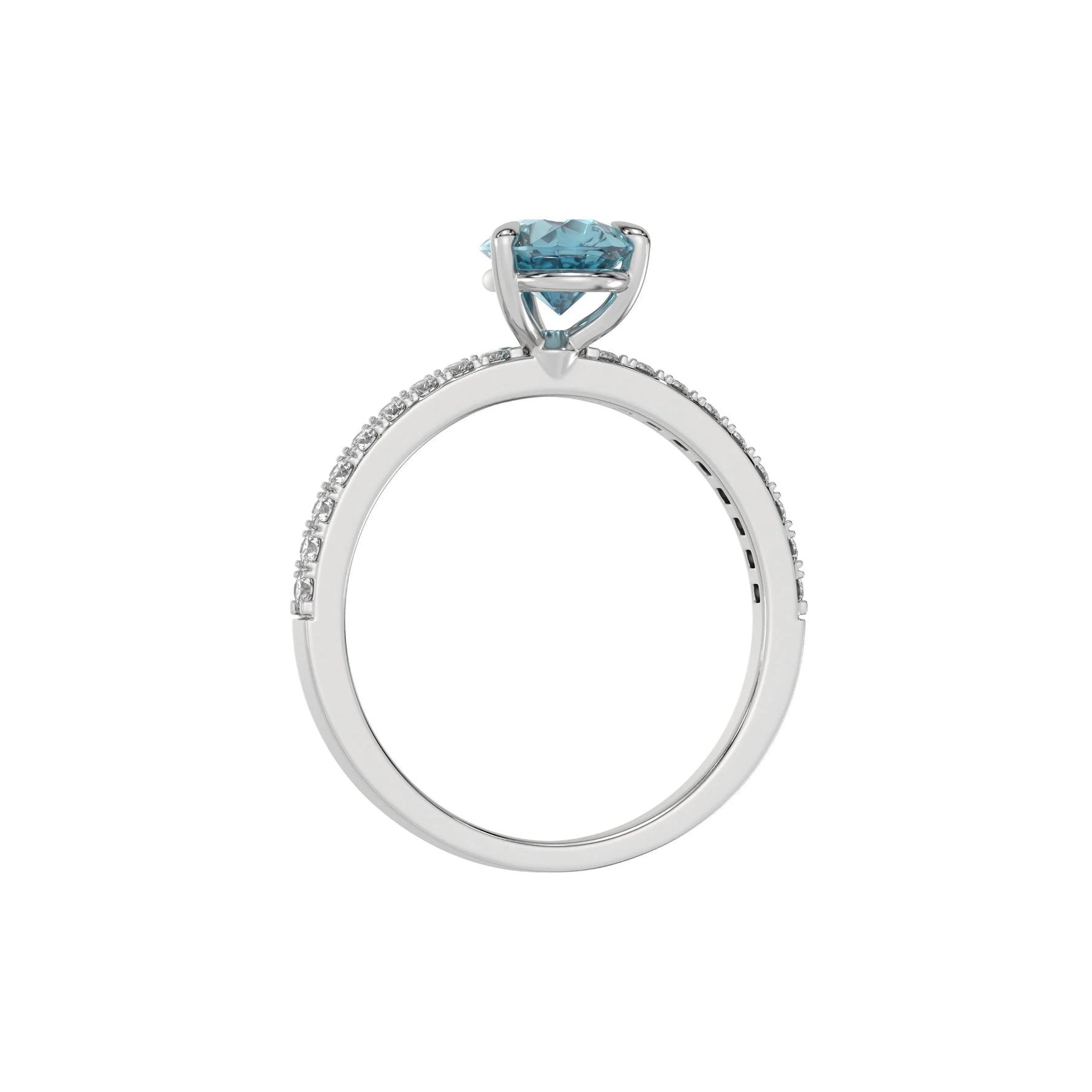 This white gold ring is made with a fancy Blue pear solitaire diamond set in three-prong setting, and is complemented by a round pave diamonds band in through finger view