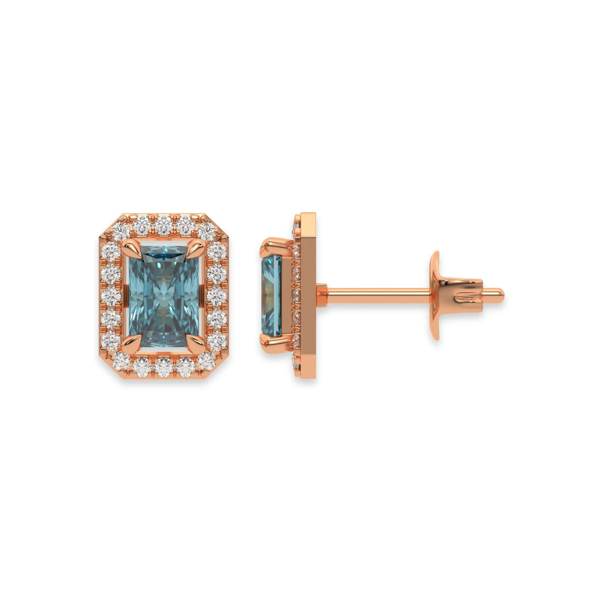 18k Rose gold Radiant Diamond Halo Earrings made with a fancy blue radiant cut solitaire diamond set in a four prong setting.