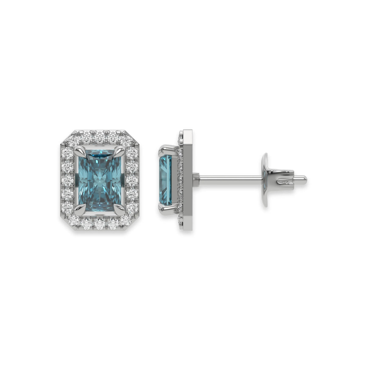 18k white gold Radiant Diamond Halo Earrings made with a fancy blue radiant cut solitaire diamond set in a four prong setting.