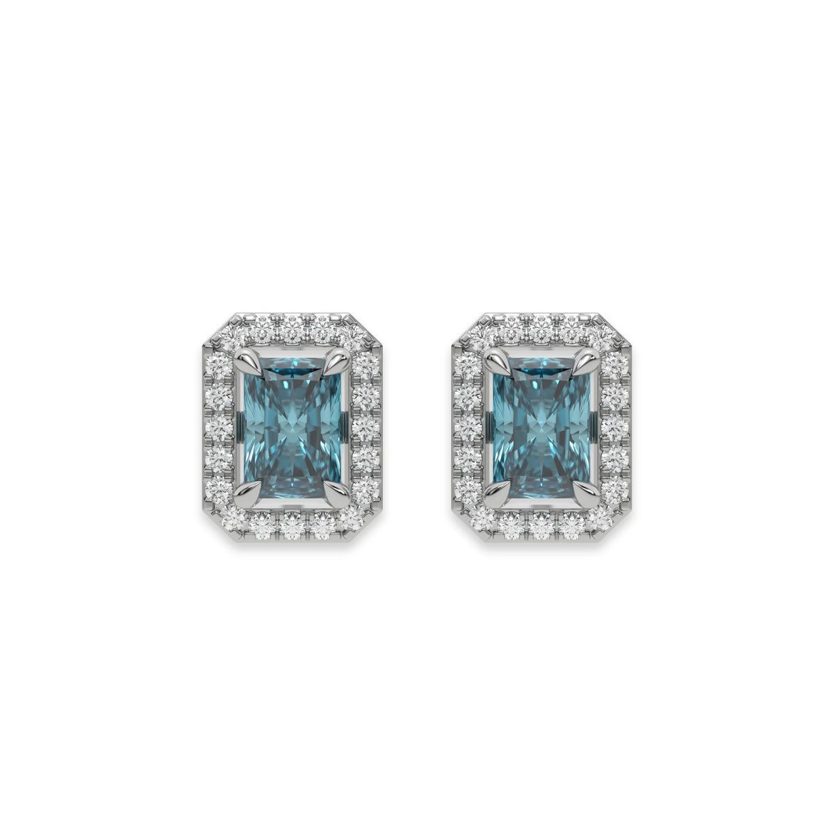 14k white gold Radiant Diamond Halo Earrings made with a fancy blue radiant cut solitaire diamond set in a four prong setting.