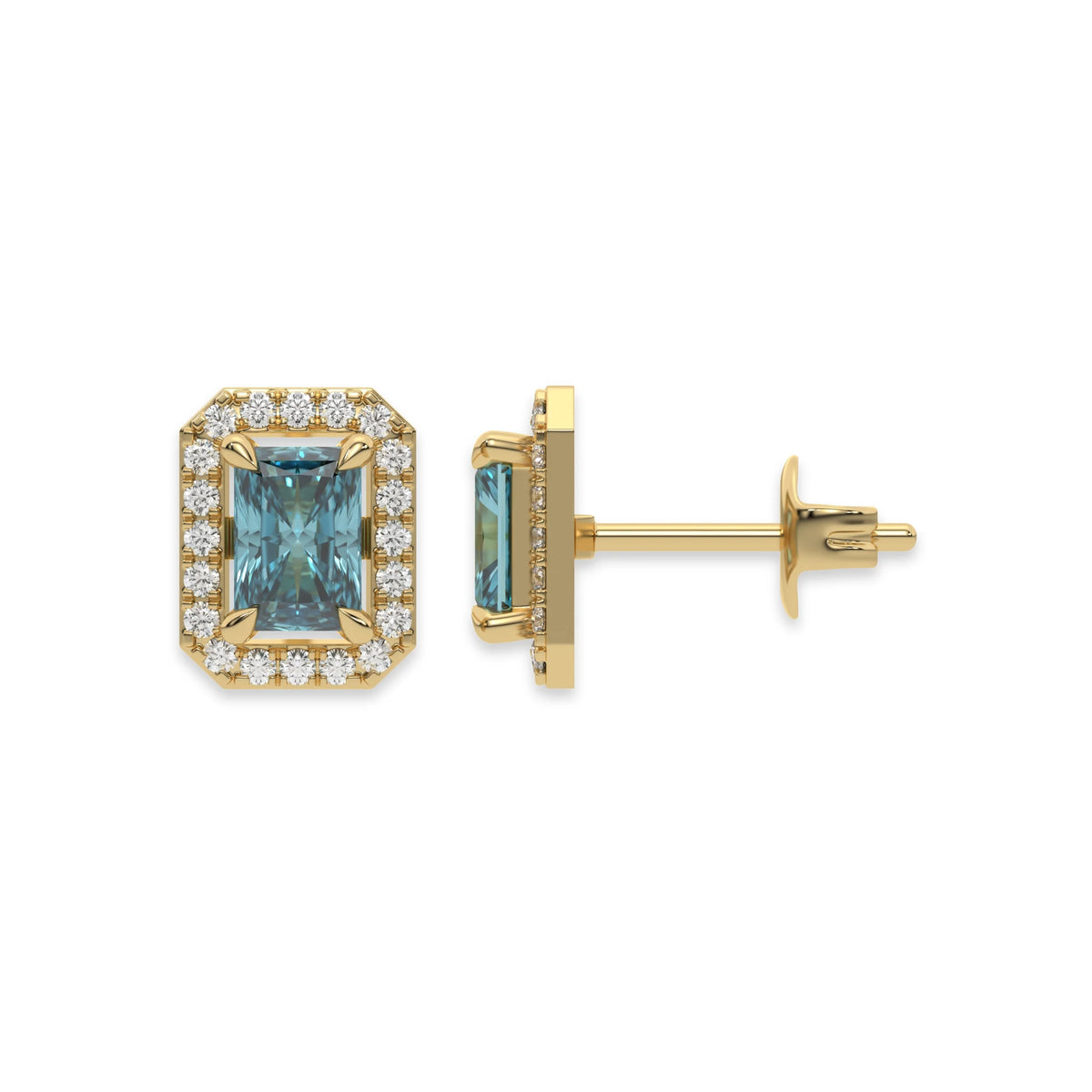 18k Yellow gold Radiant Diamond Halo Earrings made with a fancy blue radiant cut solitaire diamond set in a four prong setting.
