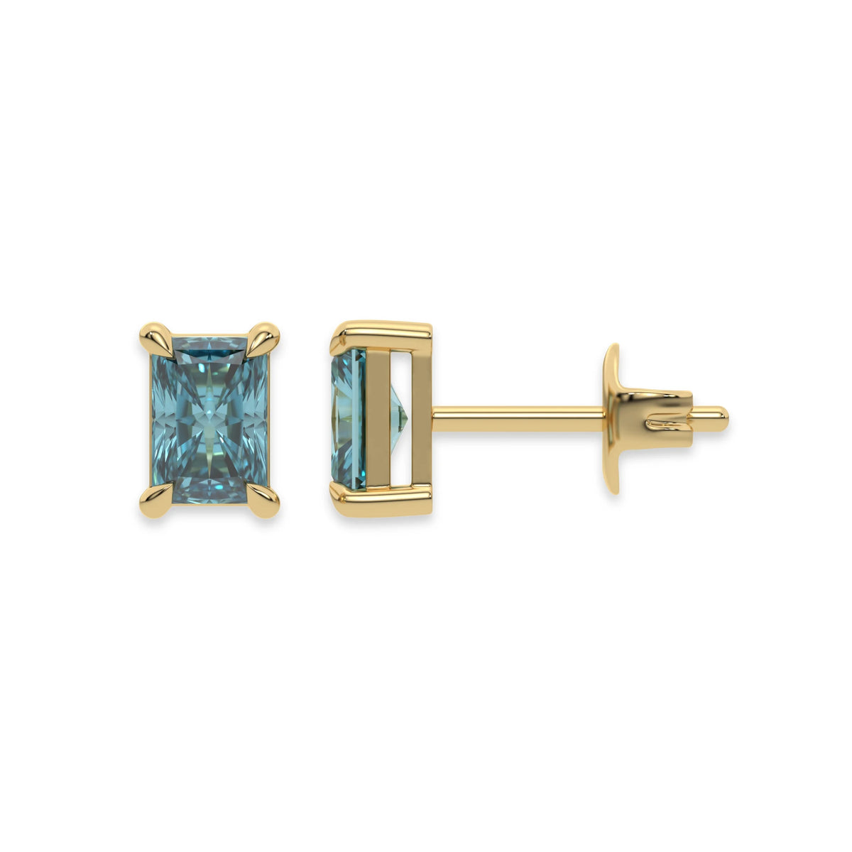 18K Yellow Gold Blue Radiant Diamond Stud Earrings 