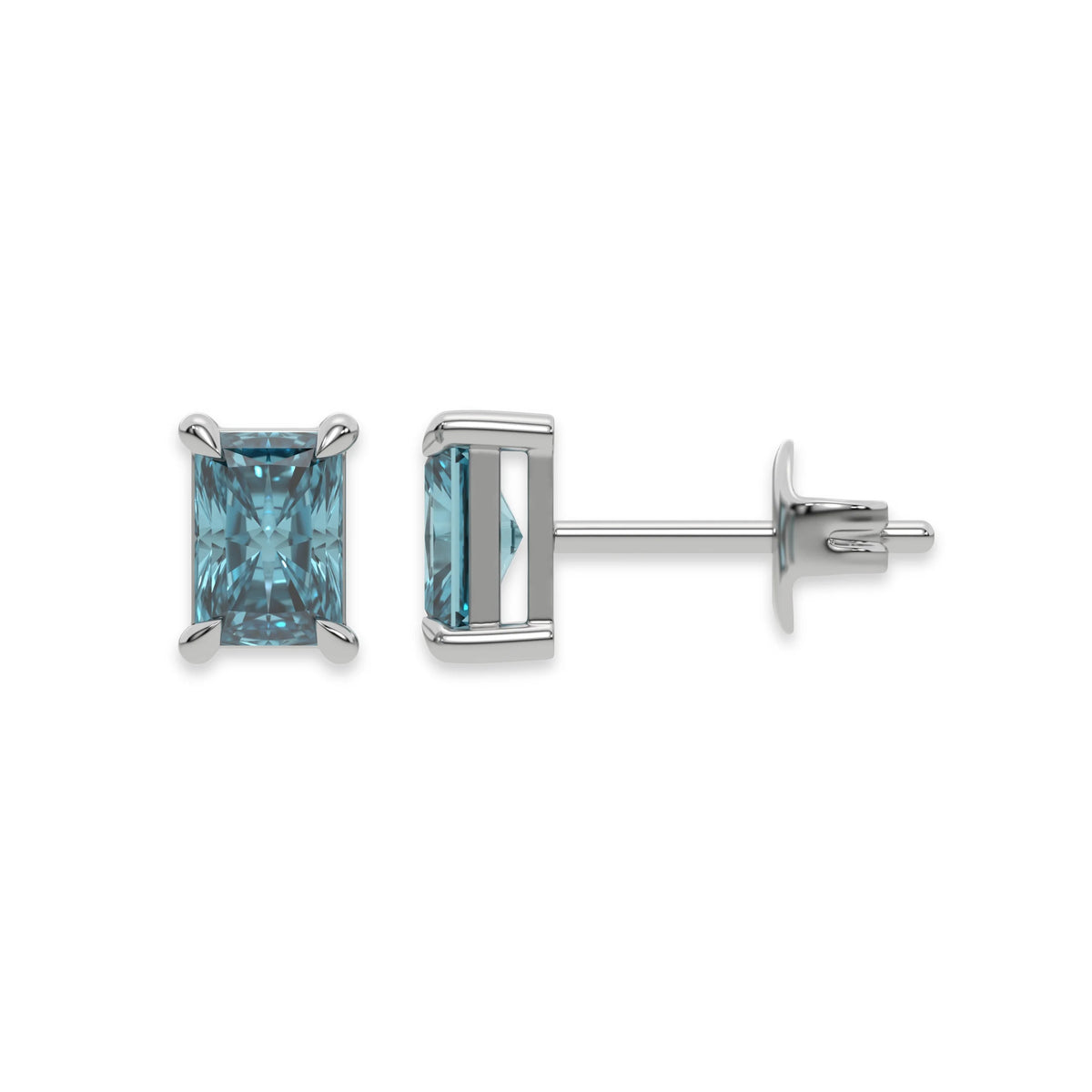 14K White Gold Blue Radiant Diamond Stud Earrings 