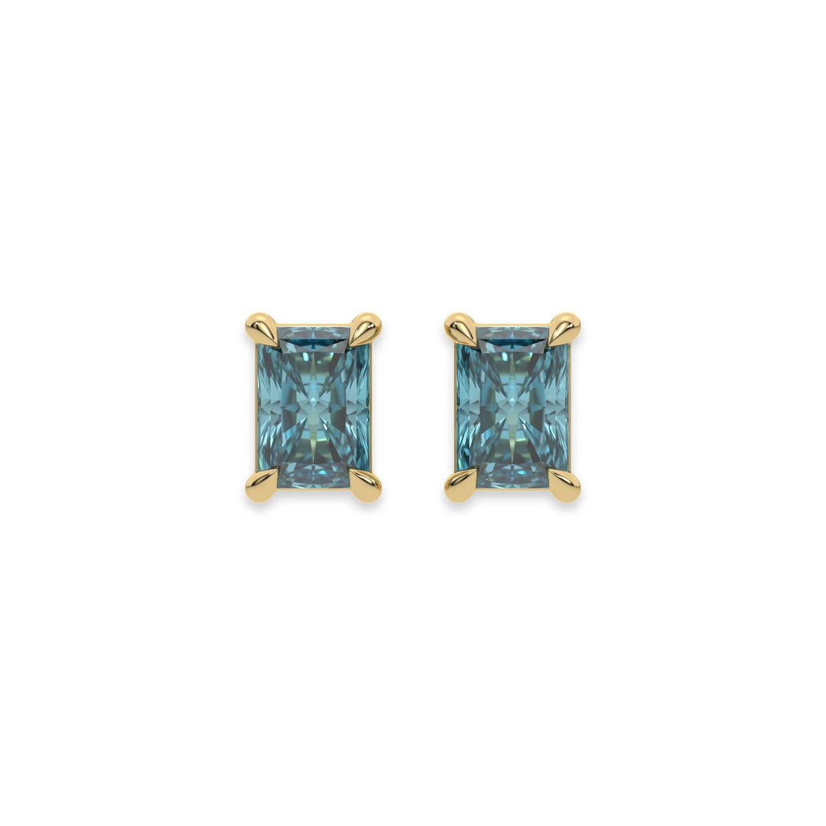 14K Yellow Gold Blue Radiant Diamond Stud Earrings 