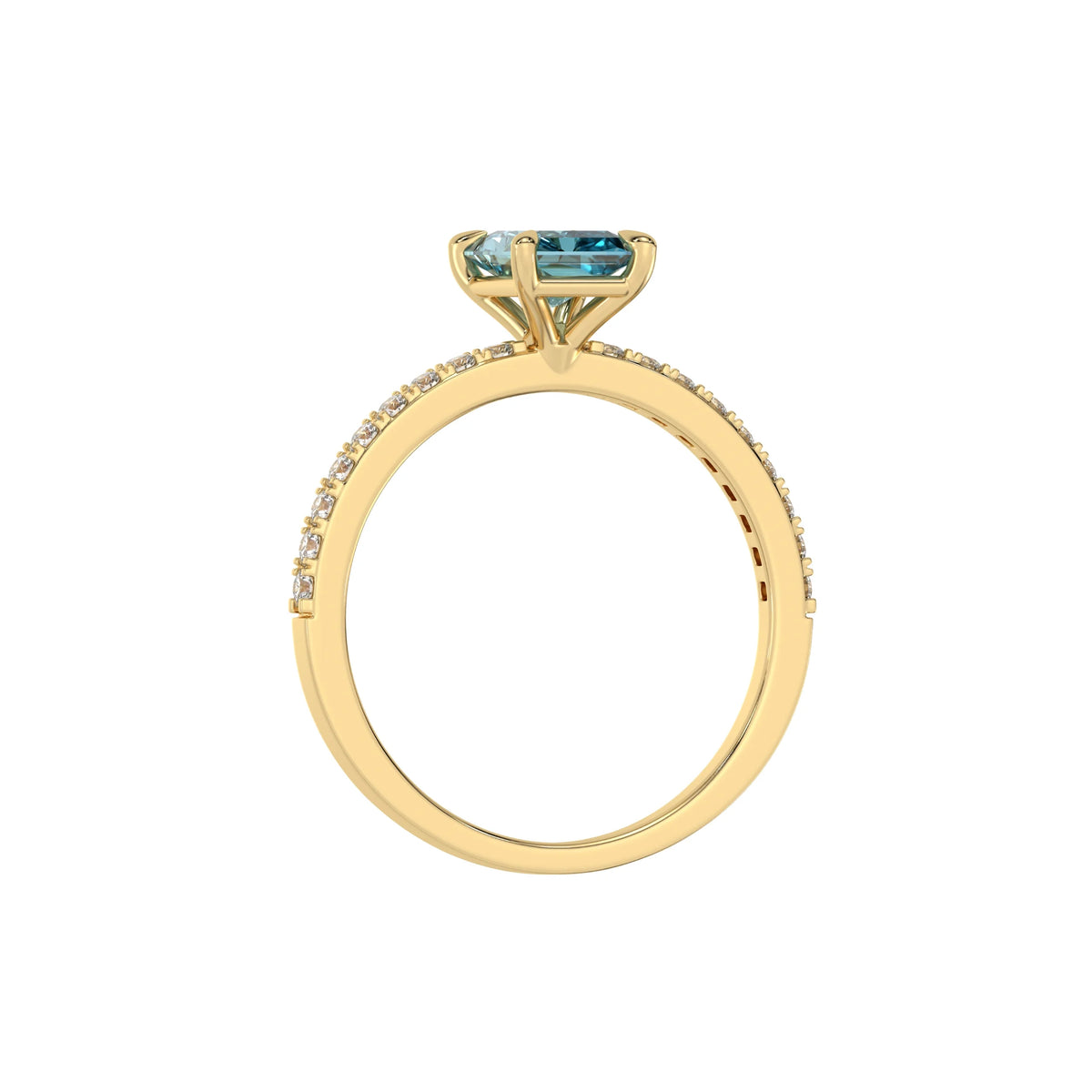 This yellow gold ring displayed in through finger view is made with a radiant solitaire diamond set in four-prong setting