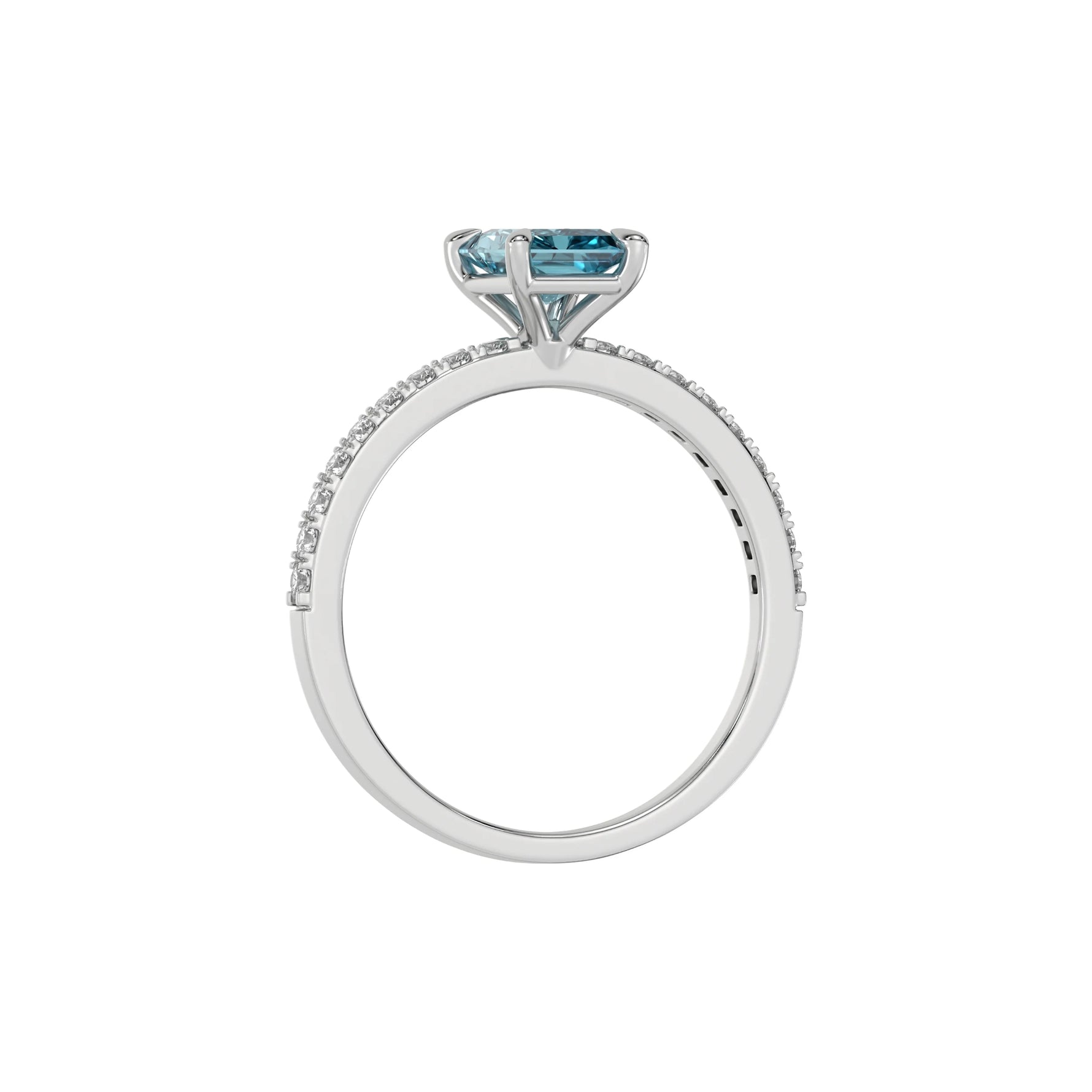 This white gold ring displayed in through finger view is made with a radiant solitaire diamond set in four-prong setting