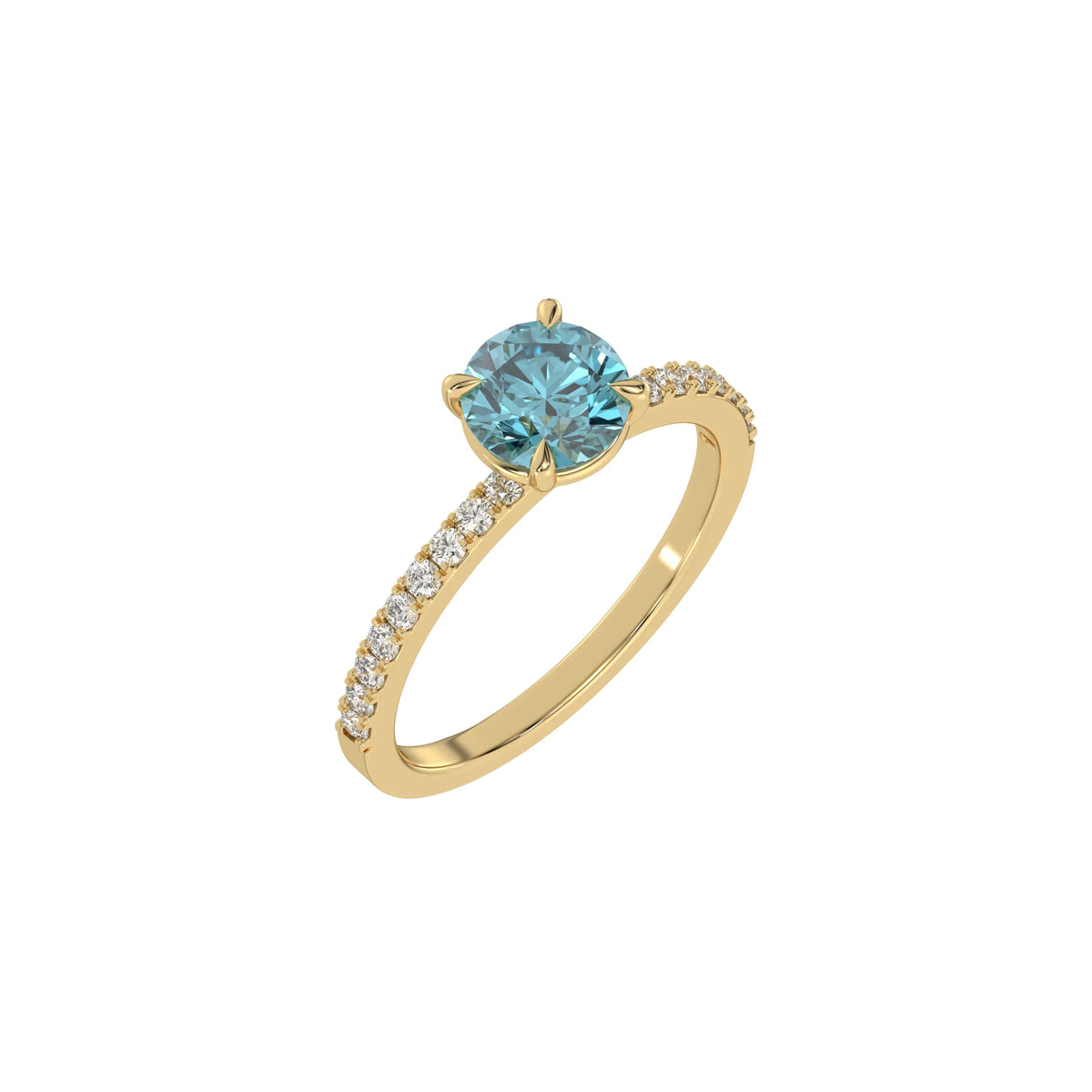 This yellow gold ring is made with a fancy Blue round solitaire diamond set in four-prong setting in 3D view