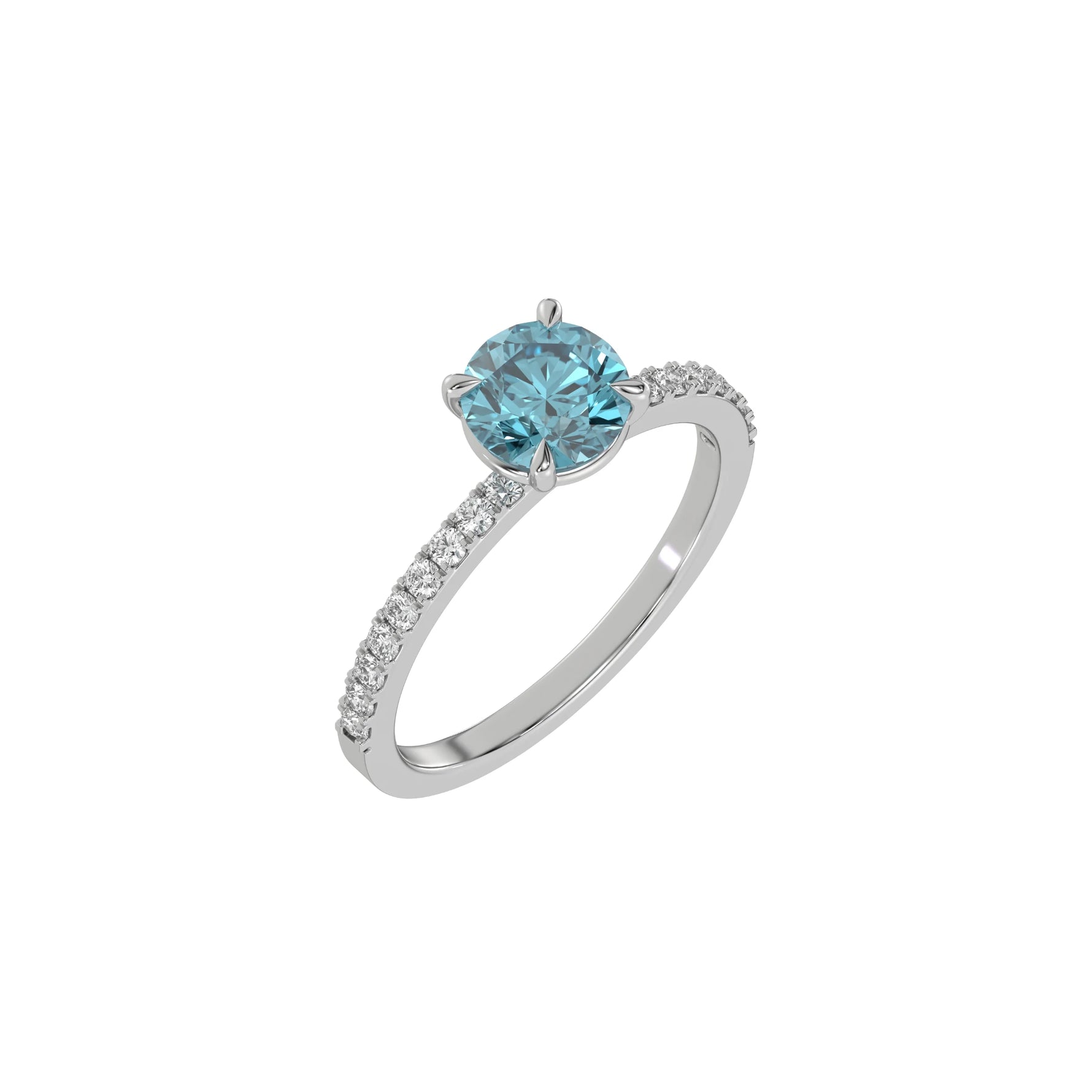 This white gold ring is made with a fancy Blue round solitaire diamond set in four-prong setting in 3D view