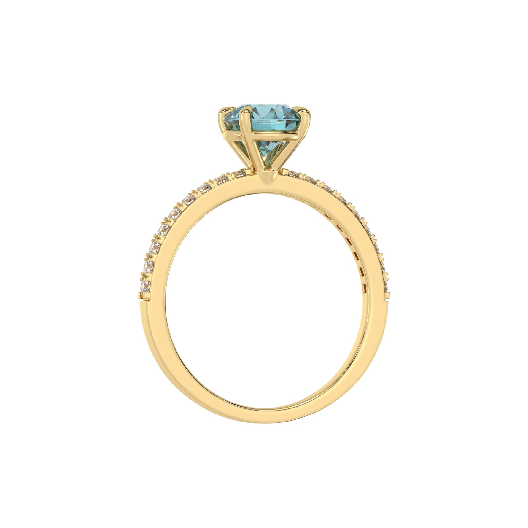 This yellow gold ring is made with a fancy Blue round solitaire diamond set in four-prong setting in through finger view