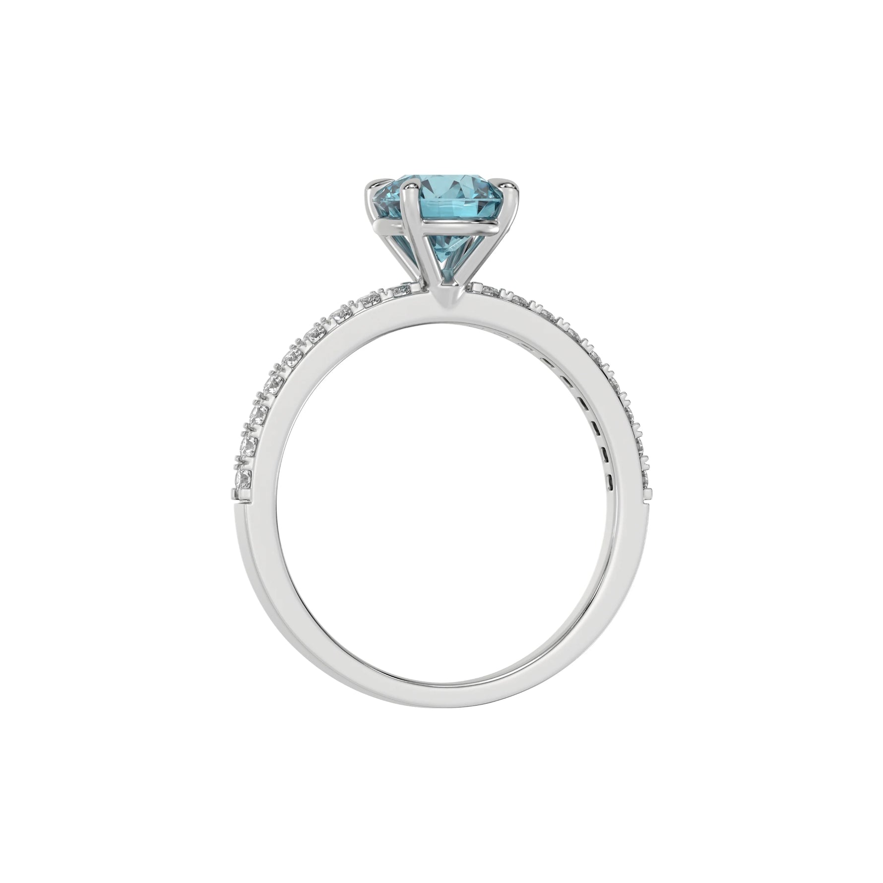 This white gold ring is made with a fancy Blue round solitaire diamond set in four-prong setting in through finger view