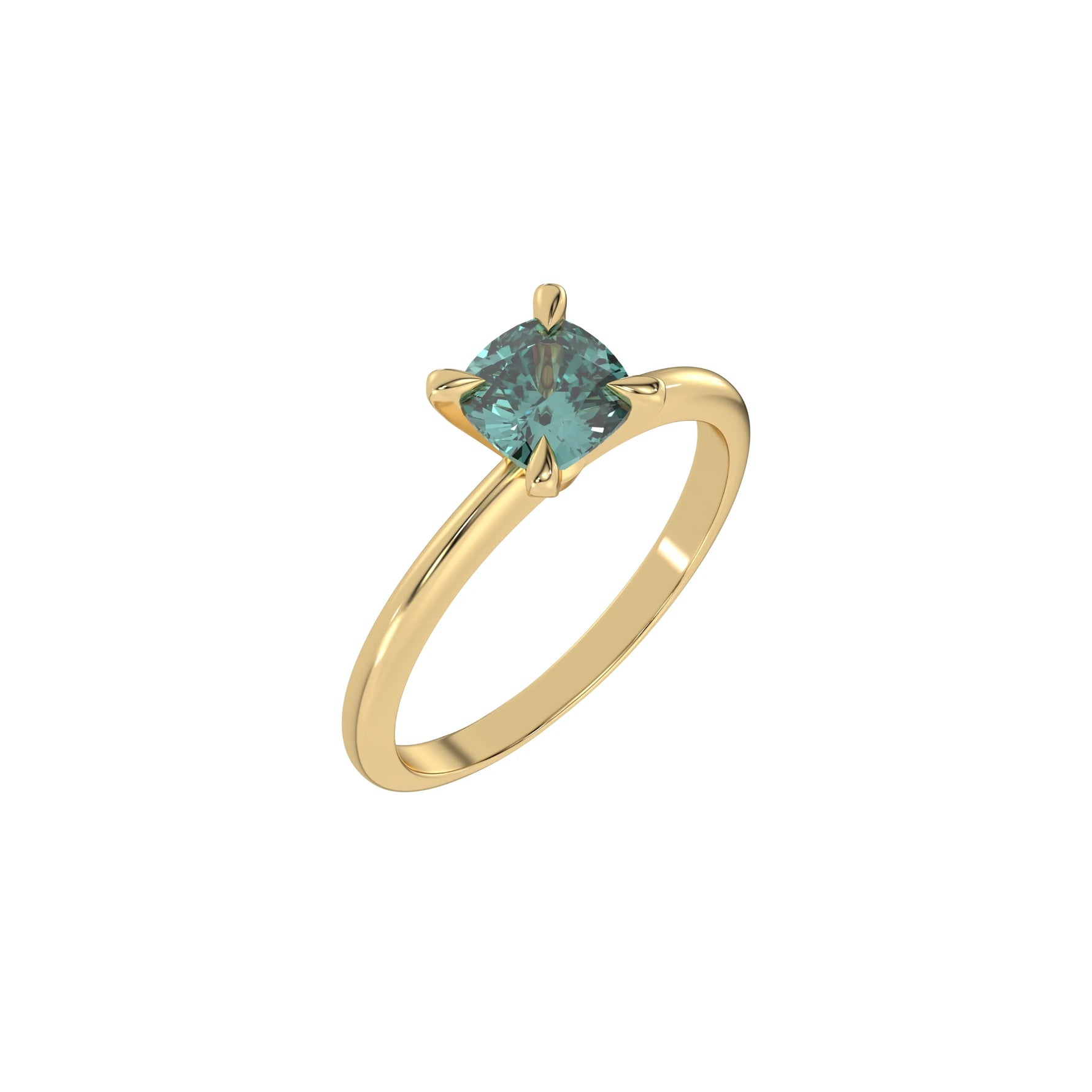 This yellow gold ring features a fancy Green cushion solitaire diamond elegantly secured in a four-prong setting on a solid gold band in 3D view