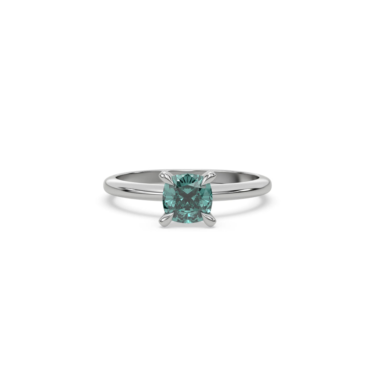 18K White Gold Fancy Green Diamond Classic Cushion Solitaire Ring