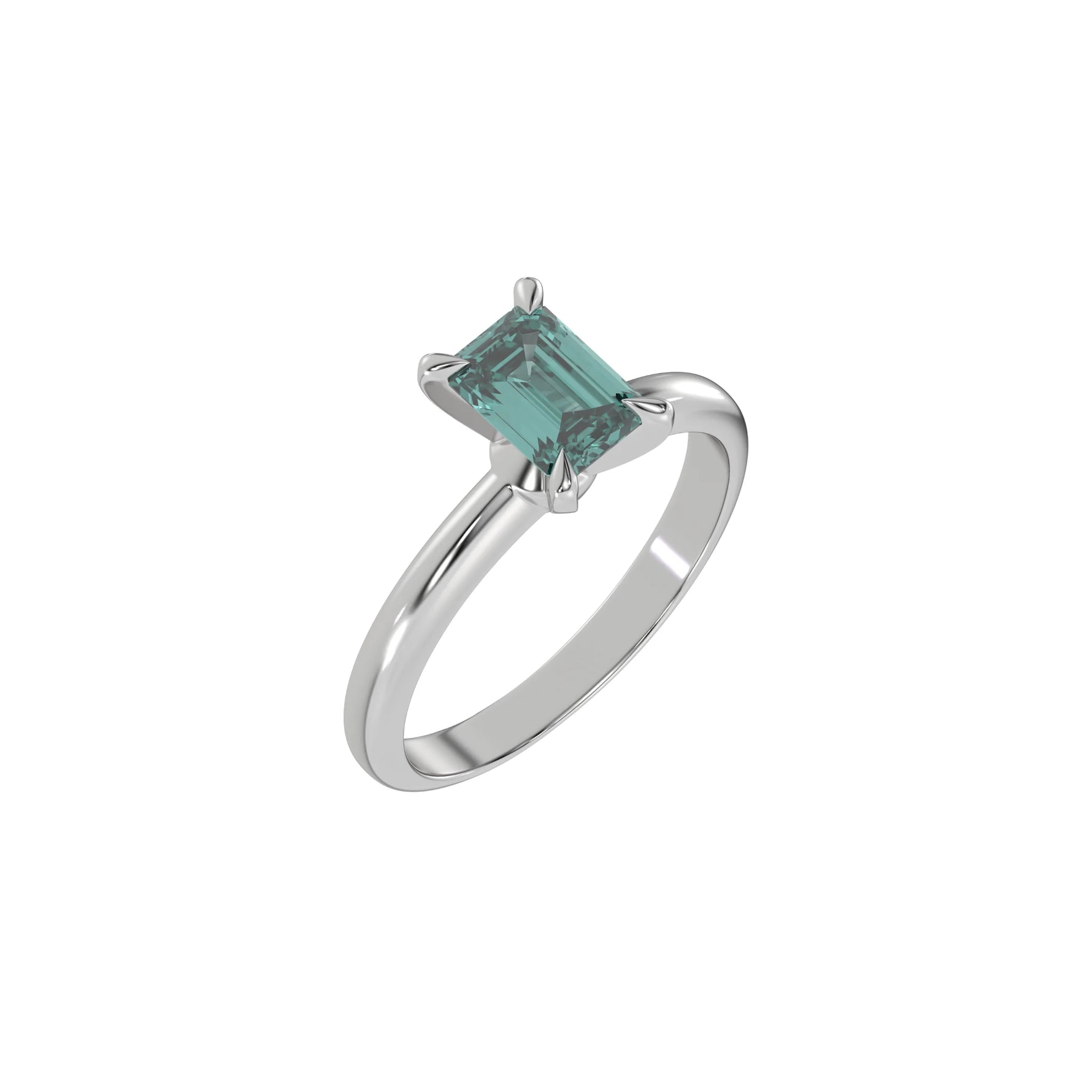 This white gold ring features an fancy Green emerald solitaire diamond elegantly secured in a four-prong setting on a solid gold band in 3D view