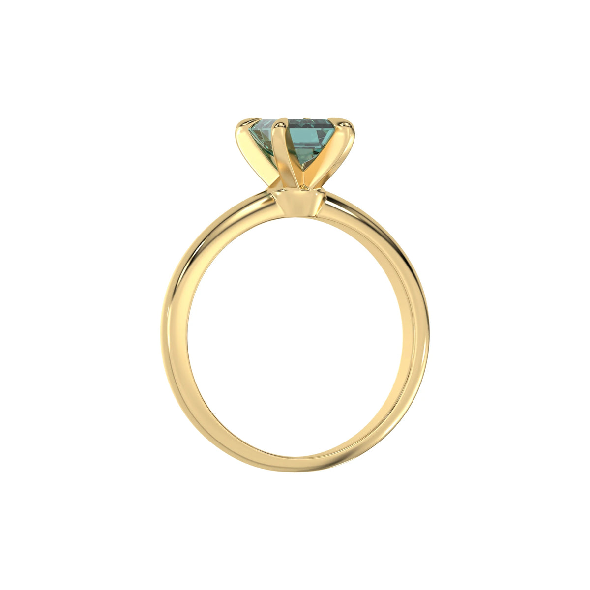 This yellow gold ring features an fancy Green emerald solitaire diamond elegantly secured in a four-prong setting on a solid gold band in through finger view