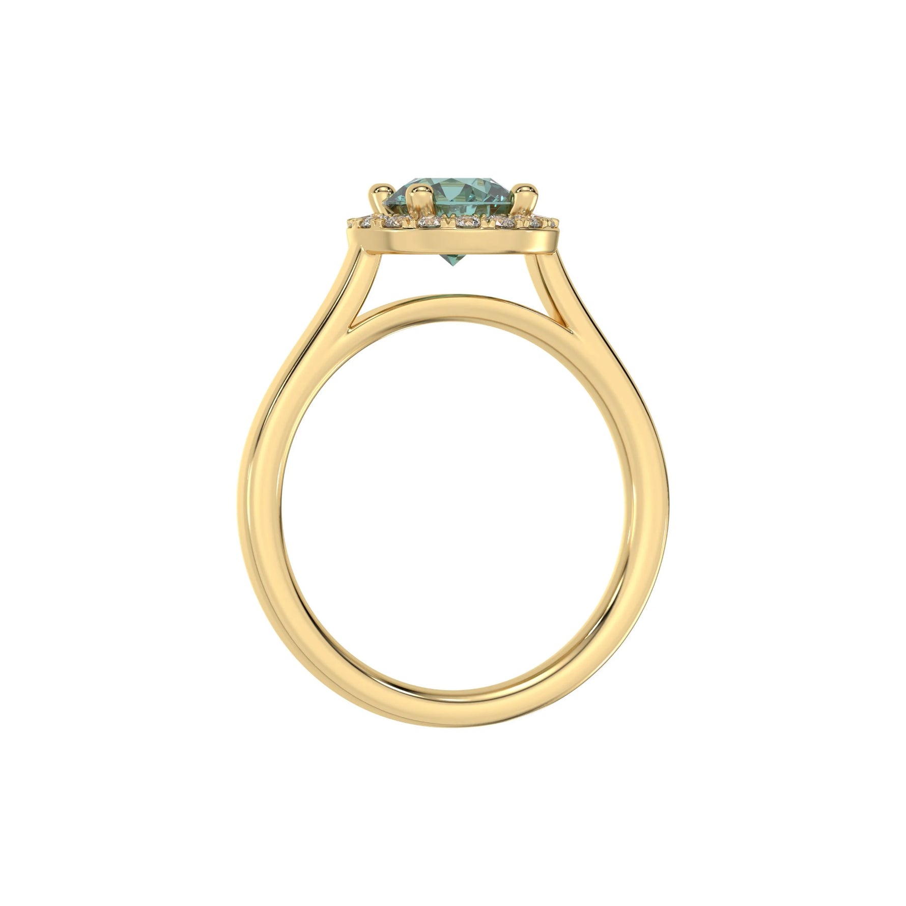 This yellow gold ring features a fancy Green round solitaire diamond set in a four-prong setting in through finger view