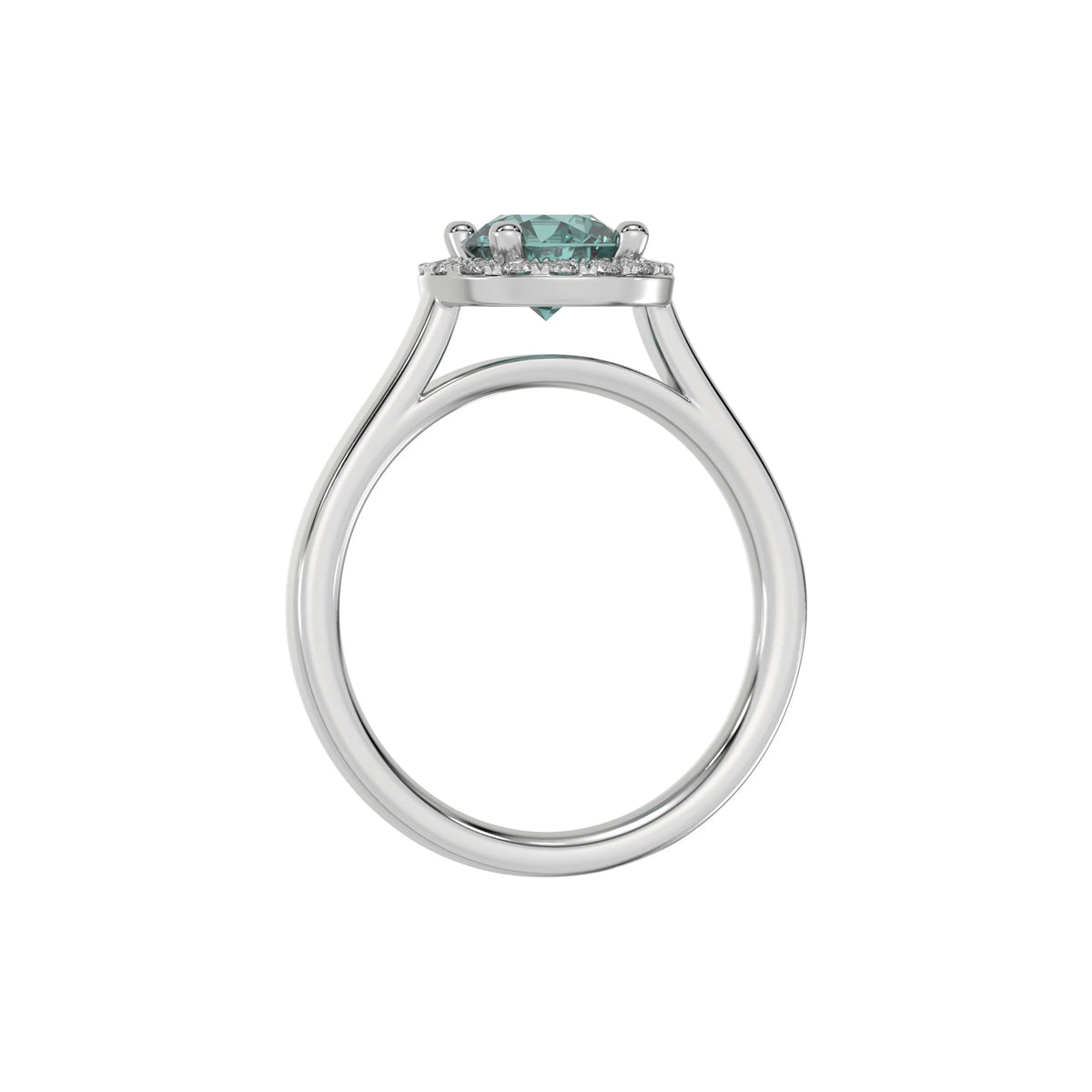 This white gold ring features a fancy Green round solitaire diamond set in a four-prong setting in through finger view