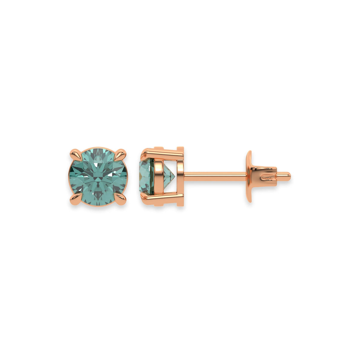 18k rose gold Round Diamond Studs made with fancy green round brilliant-cut diamonds set in a four prong setting