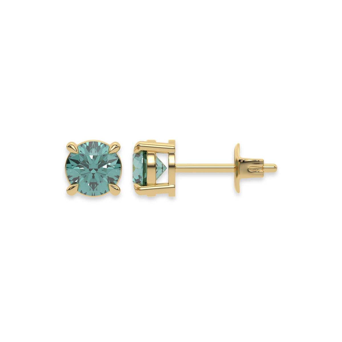 18k yellow gold Round Diamond Studs made with fancy green round brilliant-cut diamonds set in a four prong setting