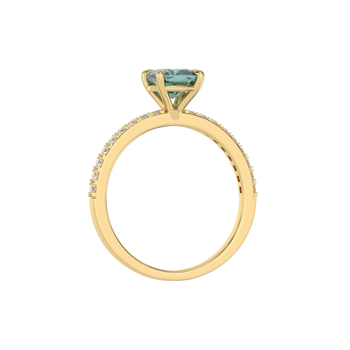 This yellow gold ring displayed in through finger view is made with a cushion solitaire diamond set in four-prong setting