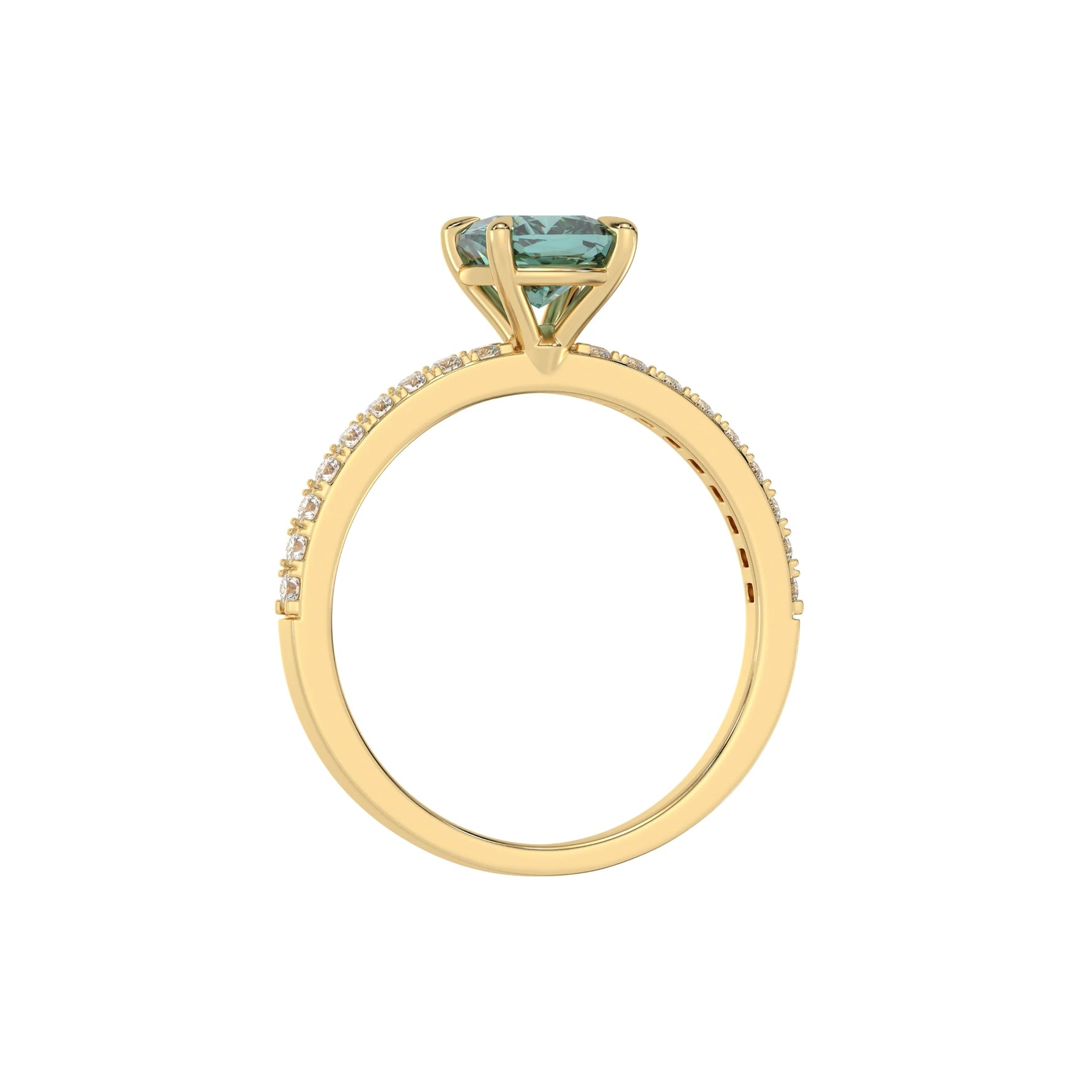 This yellow gold ring displayed in through finger view is made with a cushion solitaire diamond set in four-prong setting