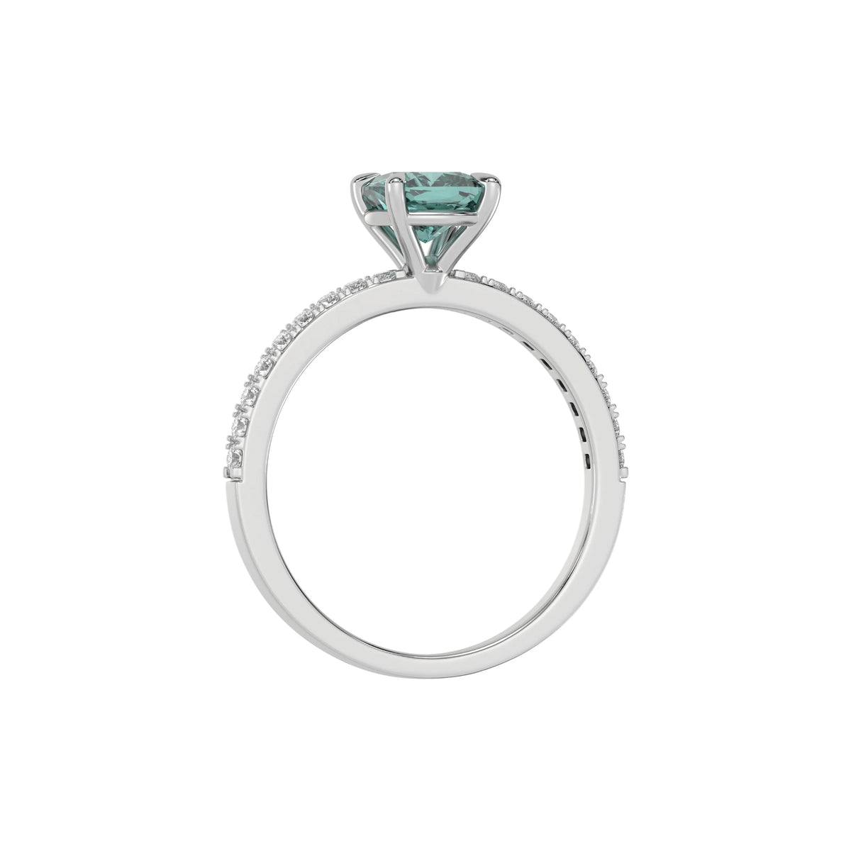 This White gold ring displayed in through finger view is made with a cushion solitaire diamond set in four-prong setting