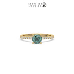 This yellow gold ring displayed in Front view is made with a cushion solitaire diamond set in four-prong setting