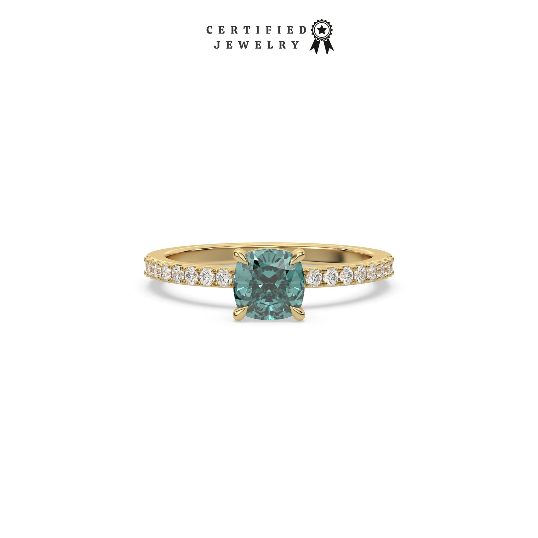 This yellow gold ring displayed in Front view is made with a cushion solitaire diamond set in four-prong setting