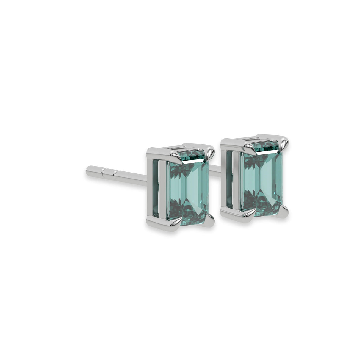 This white gold Classic Emerald Diamond Earrings made with an fancy green emerald-cut diamonds set in a four prong setting in side view