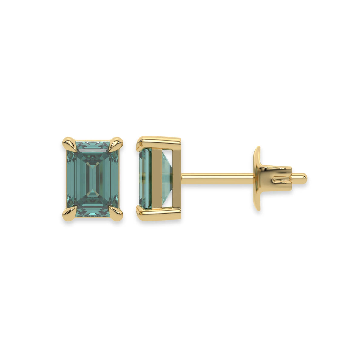 This yellow gold Classic Emerald Diamond Earrings made with an fancy green emerald-cut diamonds set in a four prong setting in top view and side view