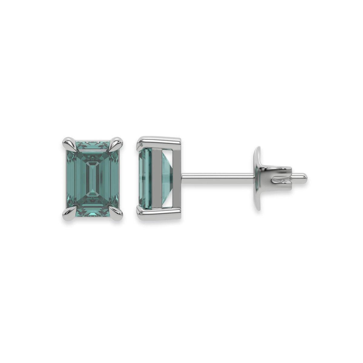 This white gold Classic Emerald Diamond Earrings made with an fancy green emerald-cut diamonds set in a four prong setting in top view and side view