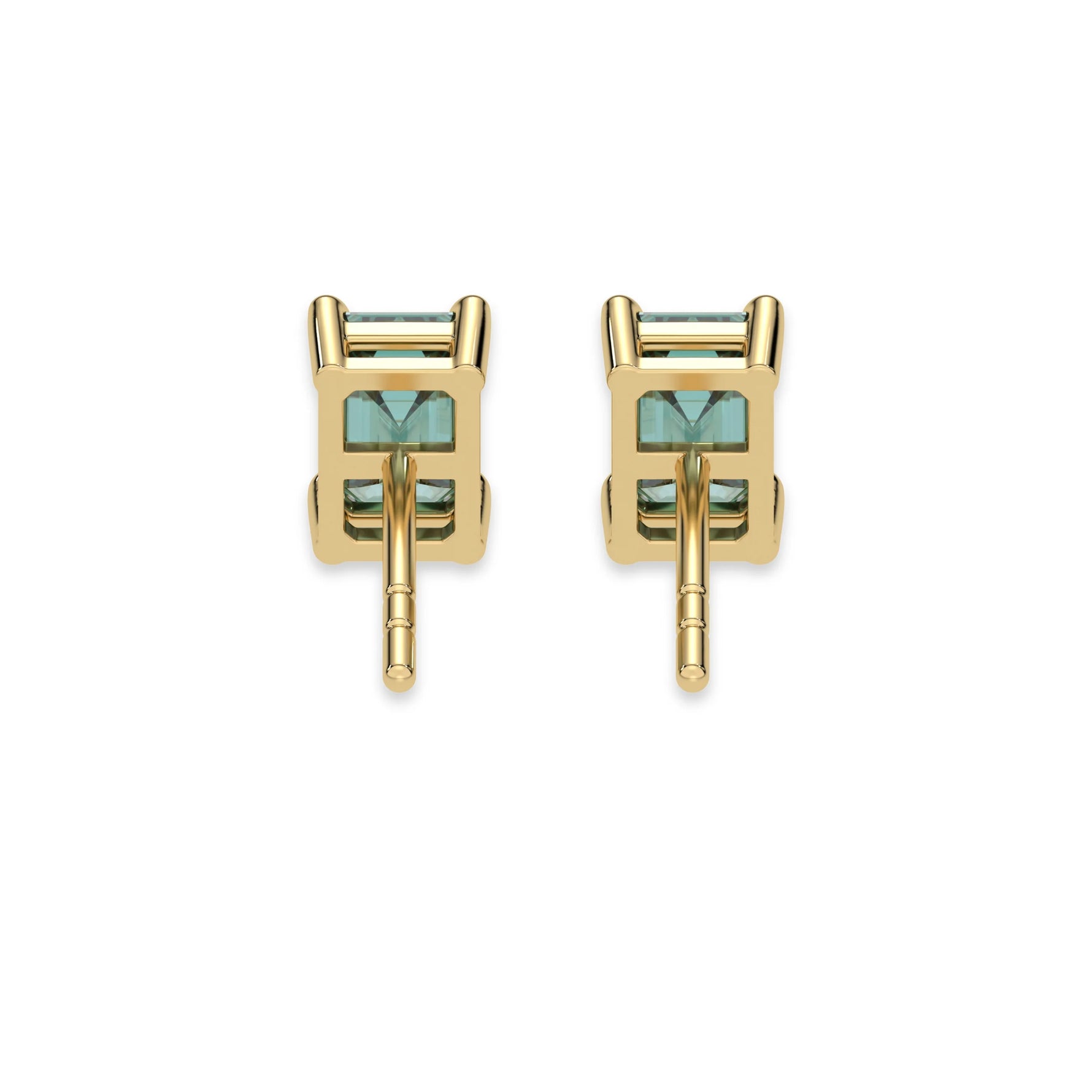 This yellow gold Classic Emerald Diamond Earrings made with an fancy green emerald-cut diamonds set in a four prong setting in back view