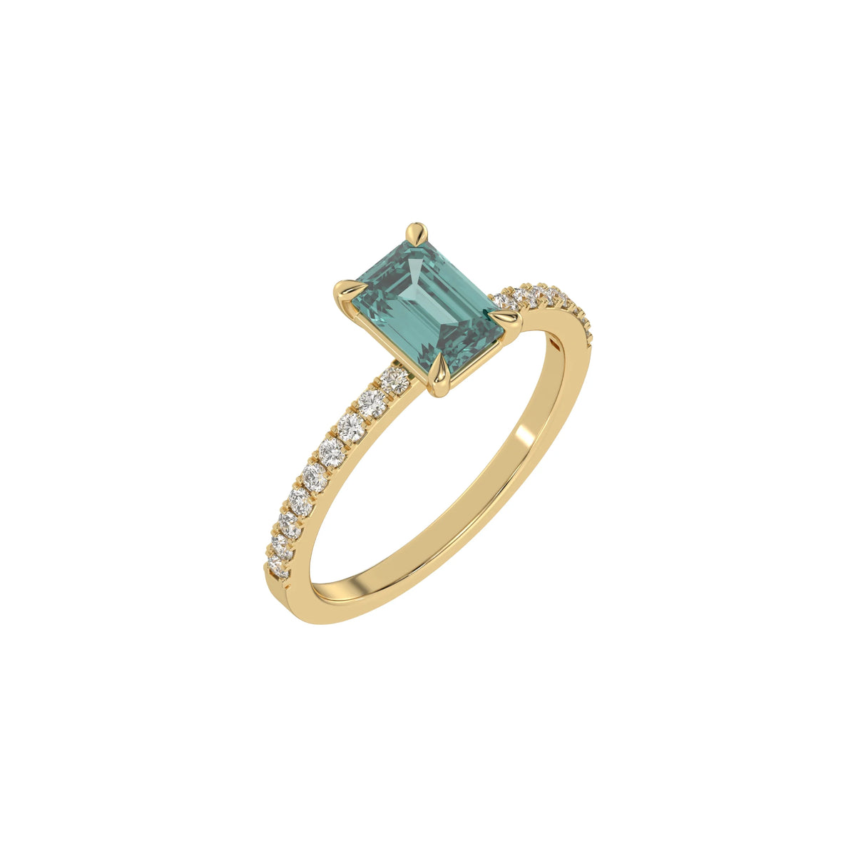 This yellow gold ring displayed in 3d view is made with a emerald solitaire diamond set in four-prong setting