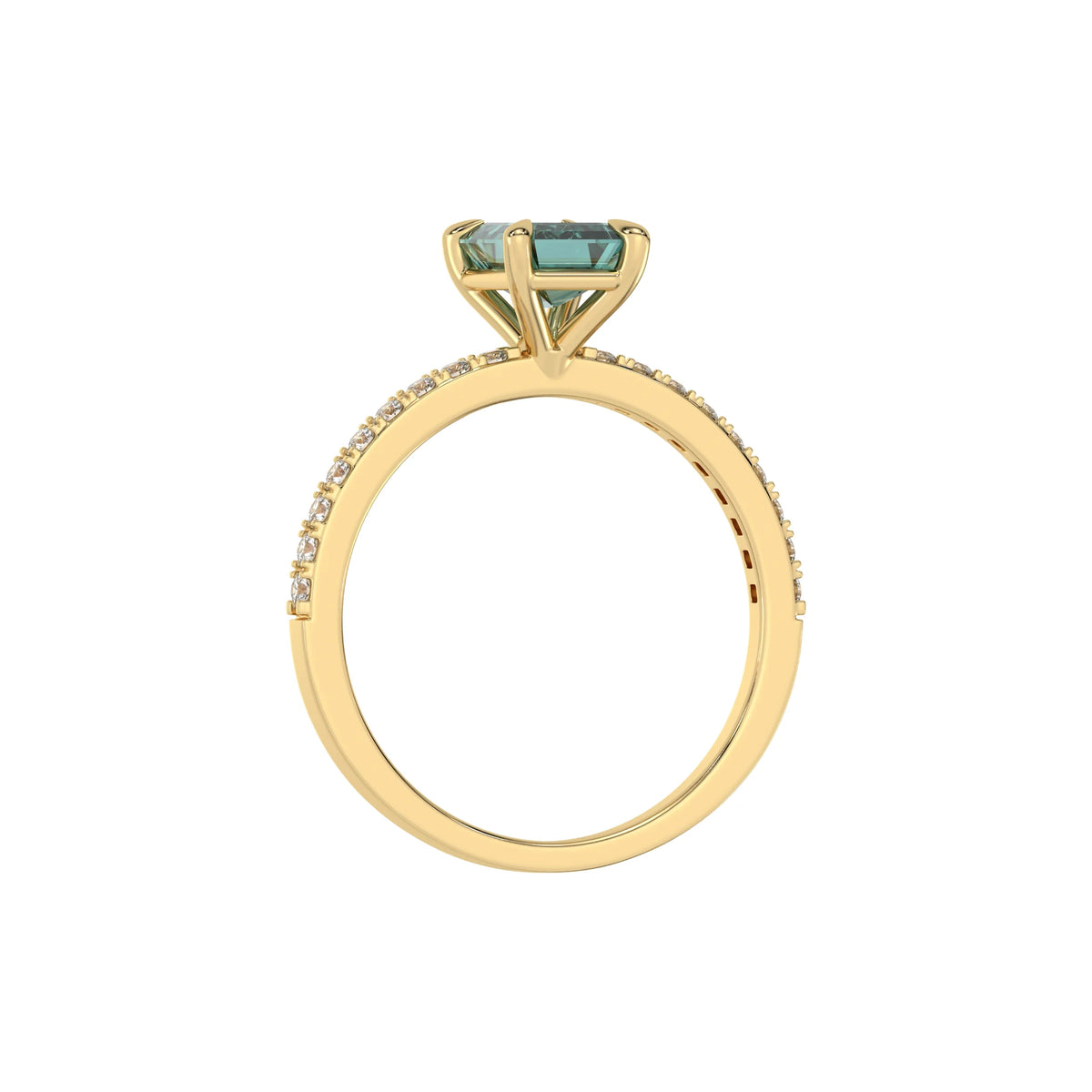 This yellow gold ring displayed in through finger view is made with a emerald solitaire diamond set in four-prong setting