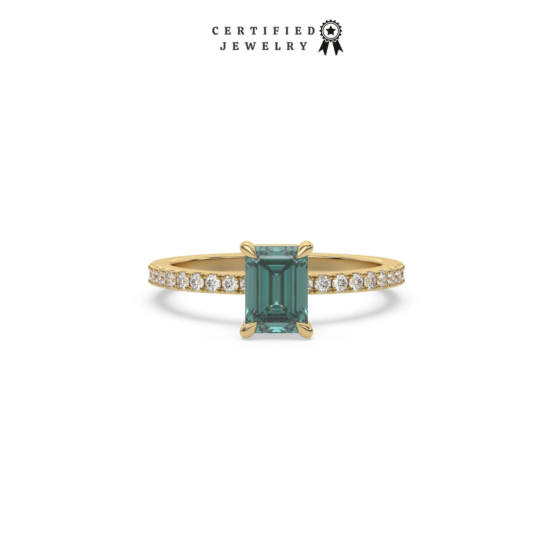 This yellow gold ring displayed in front view is made with a emerald solitaire diamond set in four-prong setting