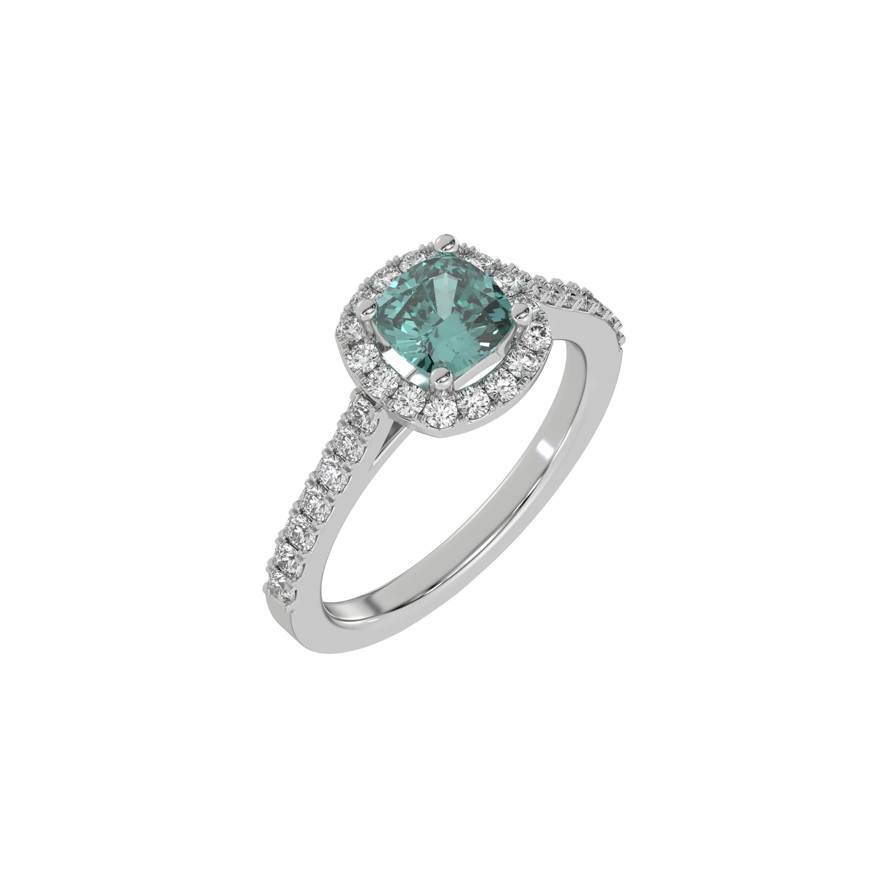 This white gold Cushion Diamond Halo Engagement Ring is made with a fancy green cushion solitaire diamond set in a four-prong setting in 3D view