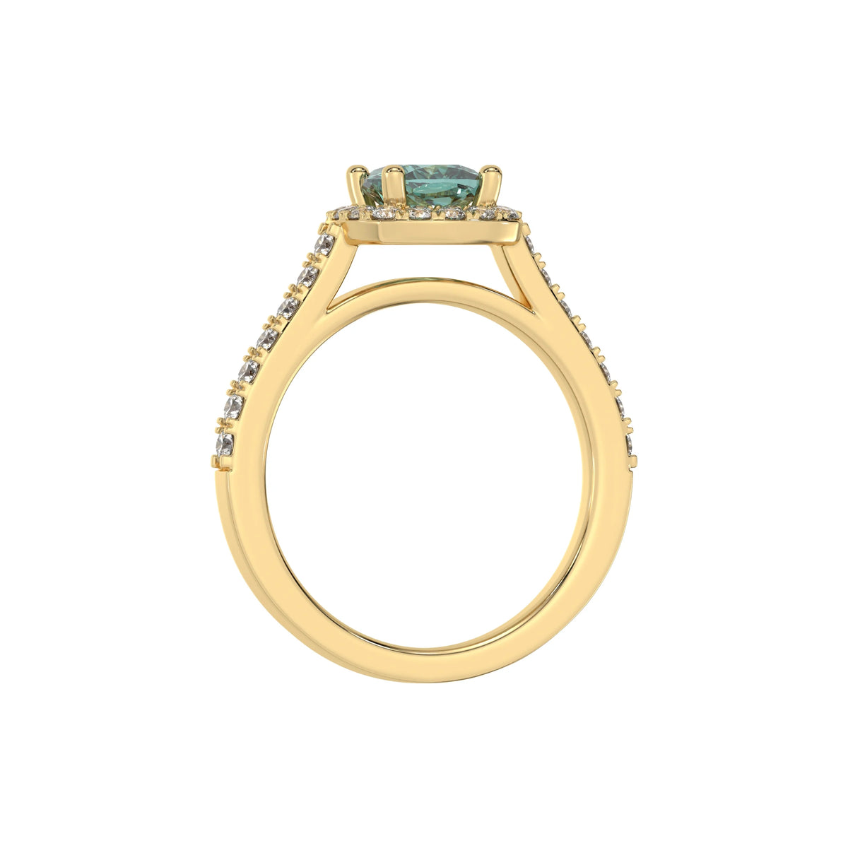 This yellow gold Cushion Diamond Halo Engagement Ring is made with a fancy green cushion solitaire diamond set in a four-prong setting in through finger view