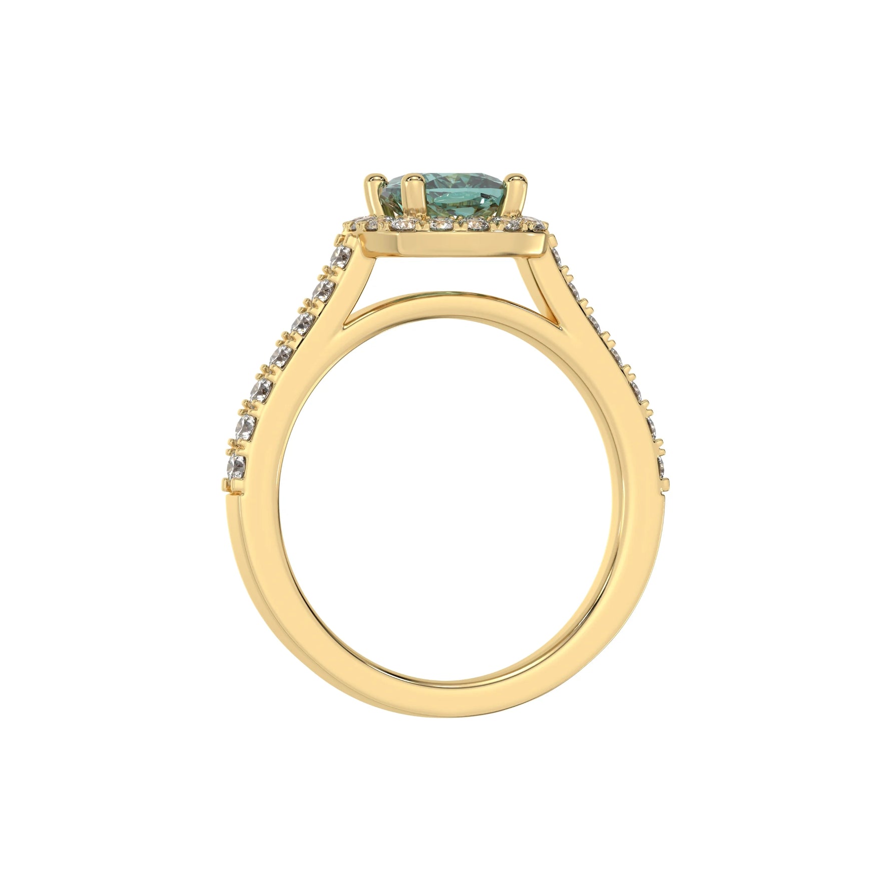 This yellow gold Cushion Diamond Halo Engagement Ring is made with a fancy green cushion solitaire diamond set in a four-prong setting in through finger view