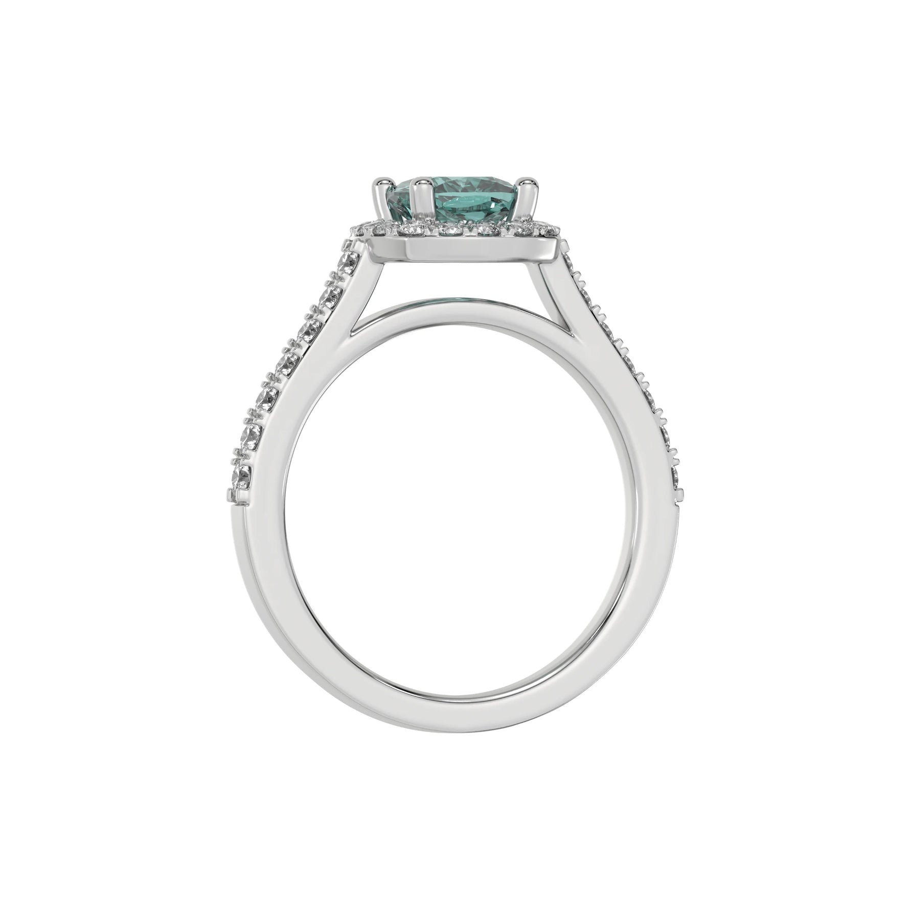 This white gold Cushion Diamond Halo Engagement Ring is made with a fancy green cushion solitaire diamond set in a four-prong setting in through finger view