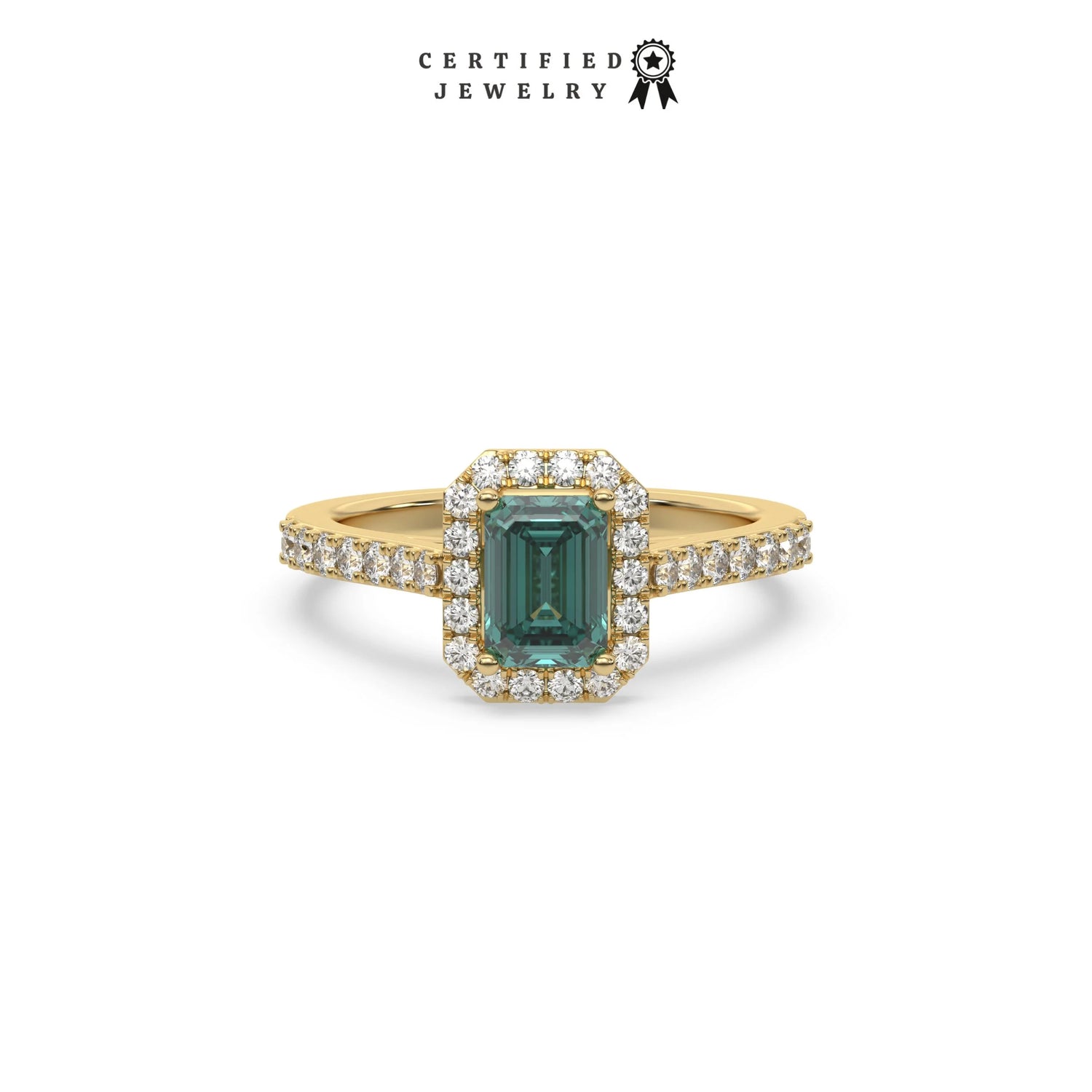 This yellow gold ring displayed in front view is made with a Emerald solitaire diamond set in four-prong setting