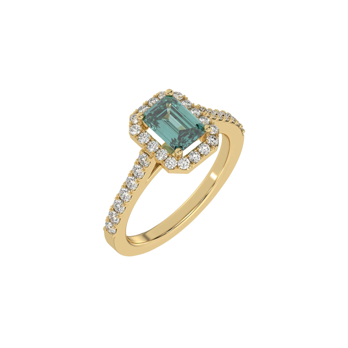 This yellow gold Emerald Diamond Halo Engagement Ring is made with a fancy green emerald solitaire diamond set in a four-prong setting in 3D view