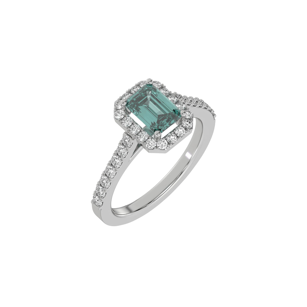 This white gold Emerald Diamond Halo Engagement Ring is made with a fancy green emerald solitaire diamond set in a four-prong setting in 3D view