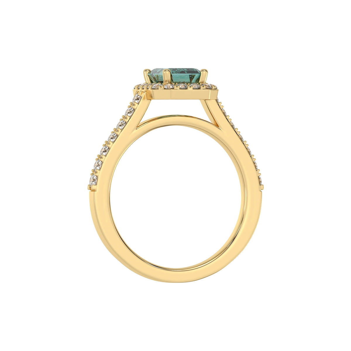 This yellow gold Emerald Diamond Halo Engagement Ring is made with a fancy green emerald solitaire diamond set in a four-prong setting in through finger view