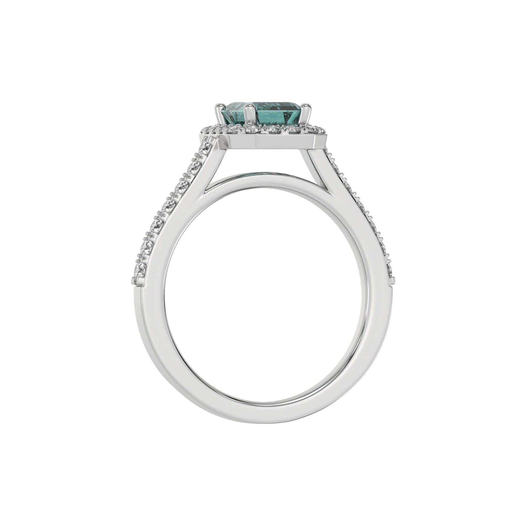 This white gold Emerald Diamond Halo Engagement Ring is made with a fancy green emerald solitaire diamond set in a four-prong setting in through finger view