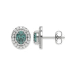 18k white gold Oval Diamond Halo Earrings made with an fancy green oval cut solitaire diamonds set in a four prong setting