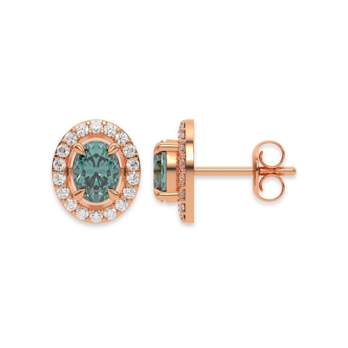 18k rose gold Oval Diamond Halo Earrings made with an fancy green oval cut solitaire diamonds set in a four prong setting